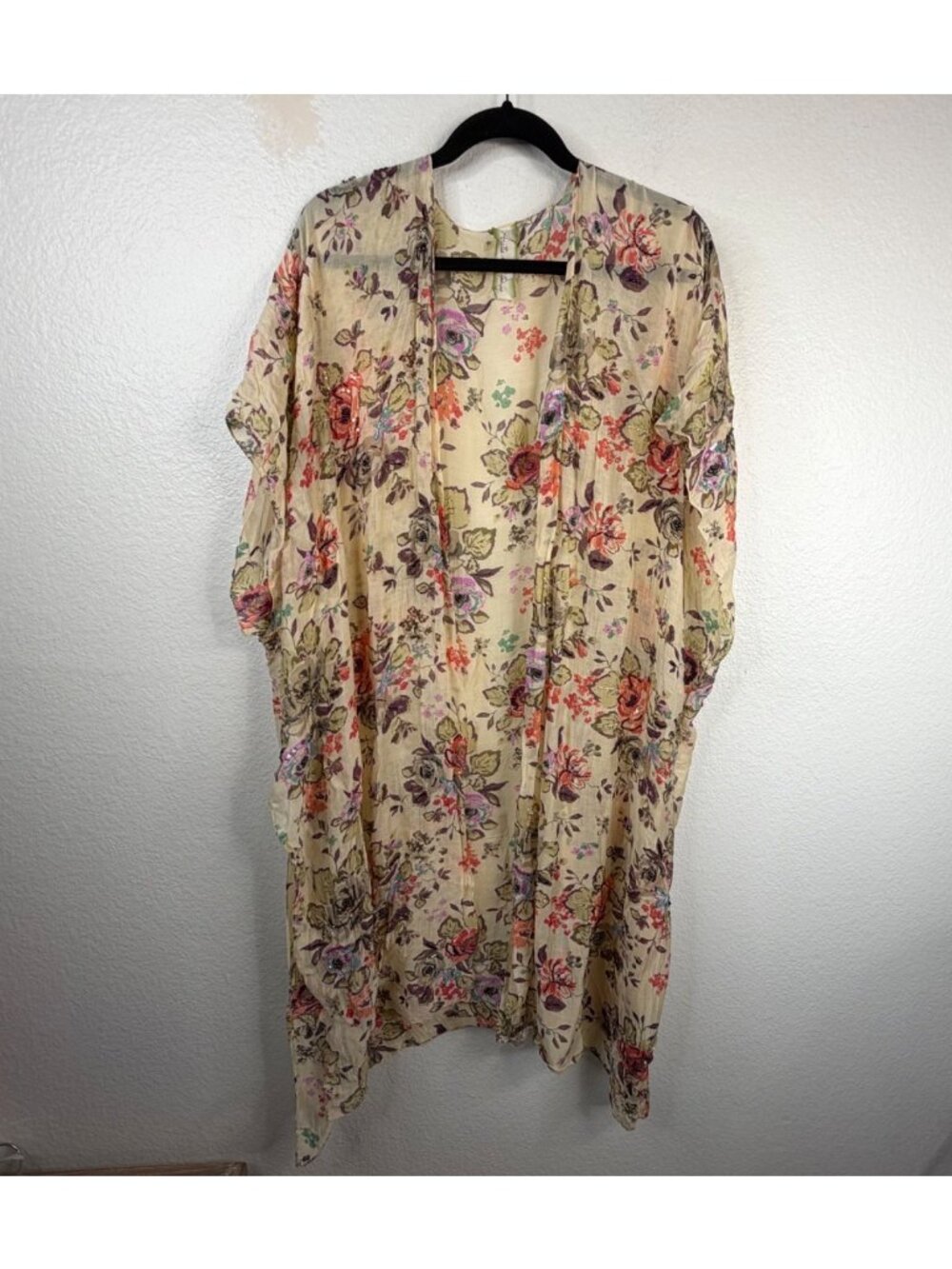 Aratta Silent Journey Floral Beaded Kimono Duster Boho Gypsy Festival One Size